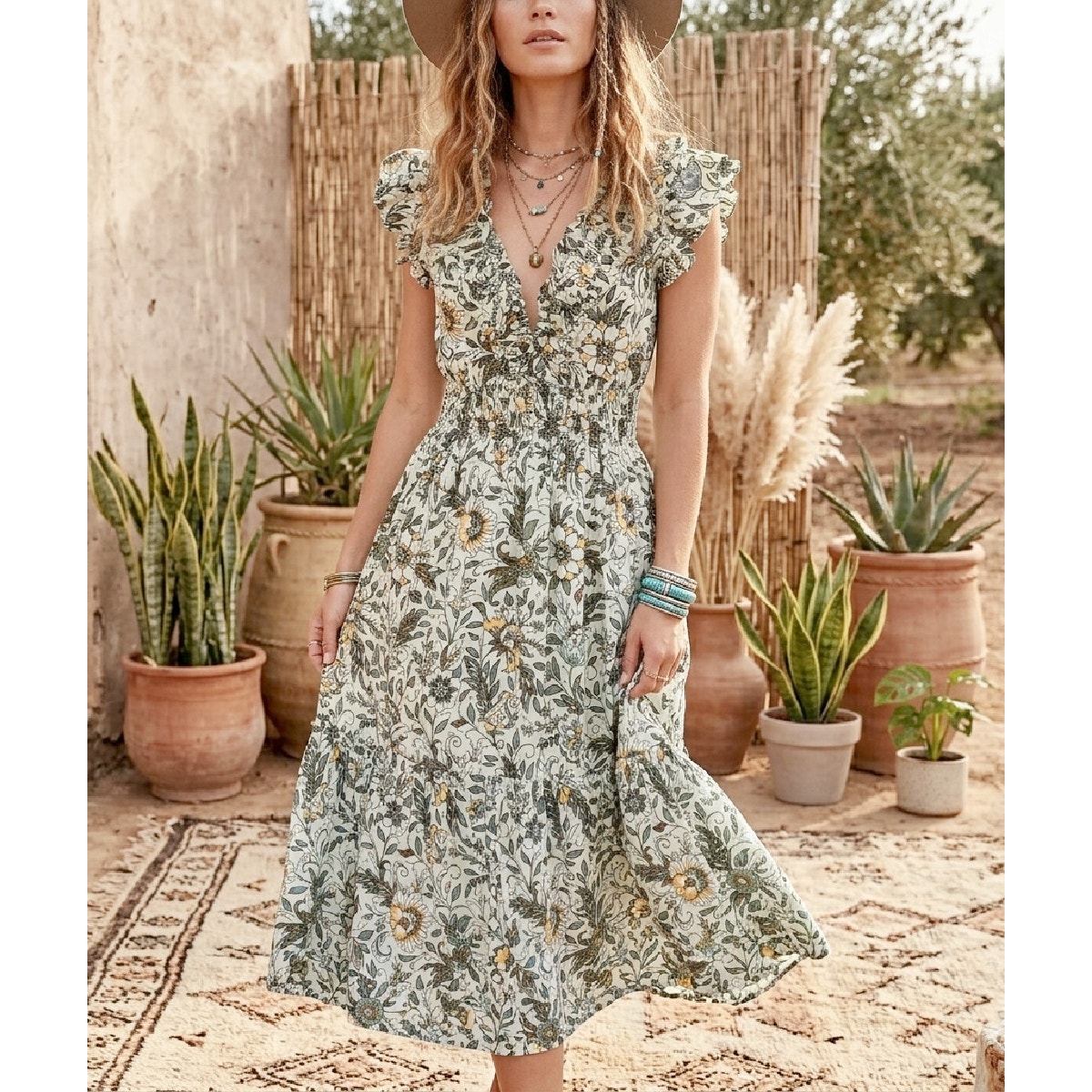 Bindu Cora Cotton Green Floral Midi Maxi Dress Small Smocked Ruffle Boho